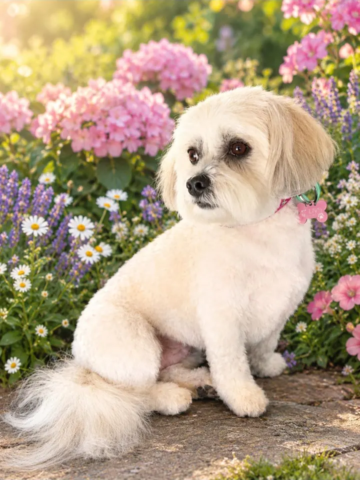 Ginna, a cream and white dog with a pink tag, sitting side-on after her groom
